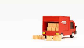 Free photo red delivery car deliver express with cardboard boxes cartoon shipping and transportation concept on white website banner background 3d rendering