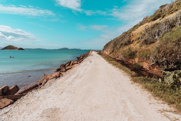 Free Photo road covered in the sand surrounded by the sea and rocks under a blue sky in rio de janeiro