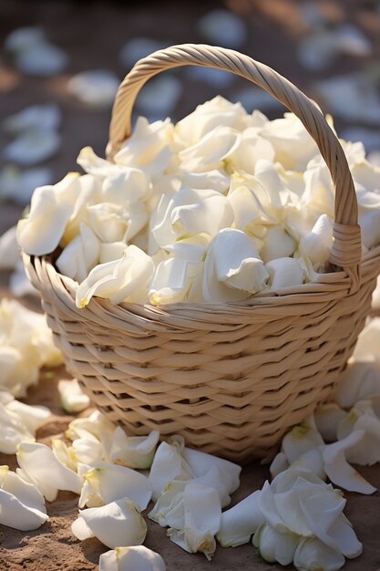 Rose petals in wicker basket