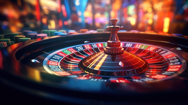 Free photo roulette wheel glimmers amidst bustling casino floor
