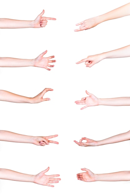 Free photo set of human hands gesturing on white background