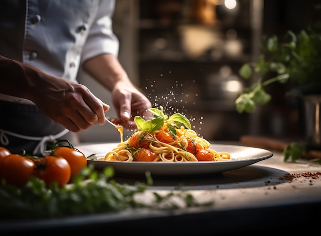 Foto gratuita cuoco di vista laterale che produce pasta deliziosa