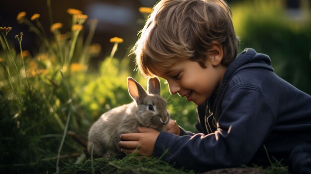 Side view kid holding rabbit