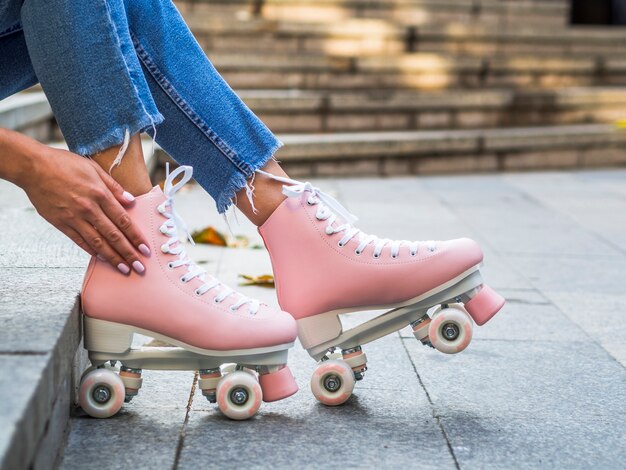 Side view of roller skates with stairs