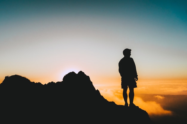 Free Photo silhouette shot of a man standing on a cliff looking at the sunset