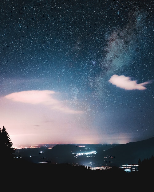 Free photo silhouette of trees under a beautiful sky with starts at midnight