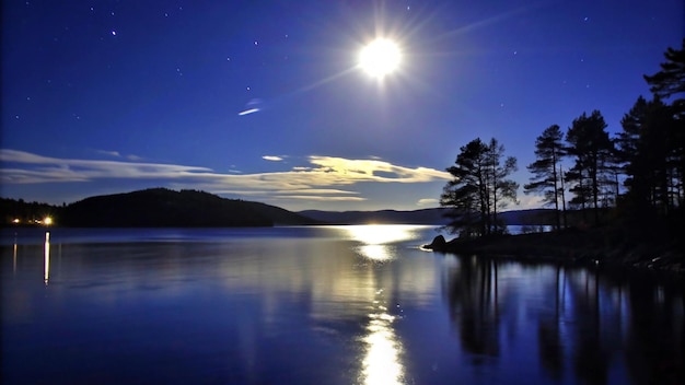 Free Photo silhouetted trees reflect in a moonlit lake