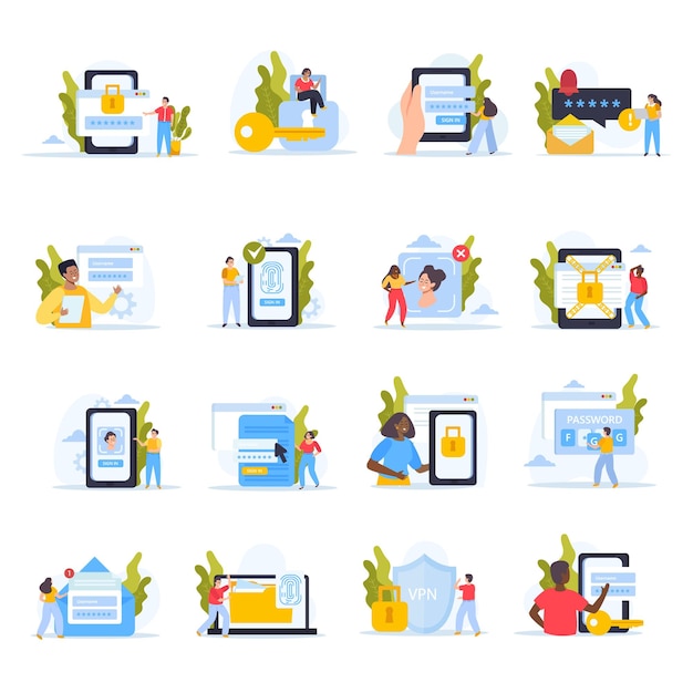 Free photo smartphone data protection set of isolated compositions with icons of locks shields and people with gadgets vector illustration