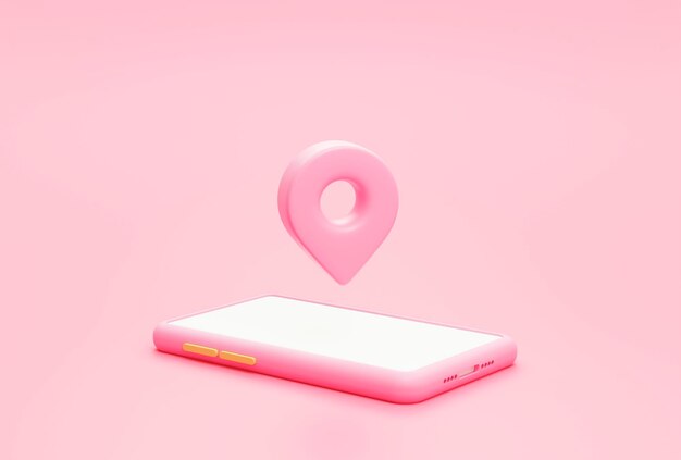 Smartphone and Pin pointer mark location Online delivery transportation logistics concept on pink background 3d rendering illustration