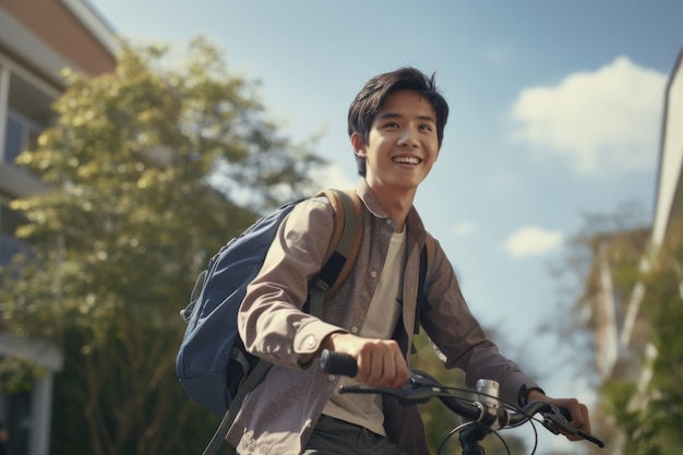 Foto gratuita faccina che guida la sua bicicletta all'aperto in città