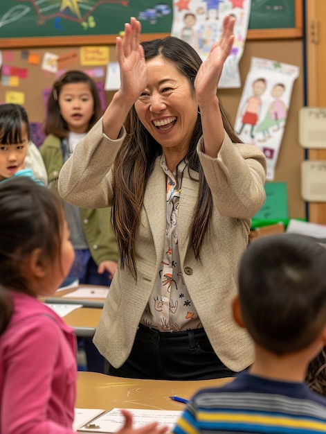 Free Photo smiley teacher in classroom