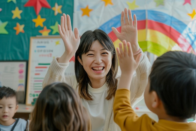 Free Photo smiley teacher in classroom