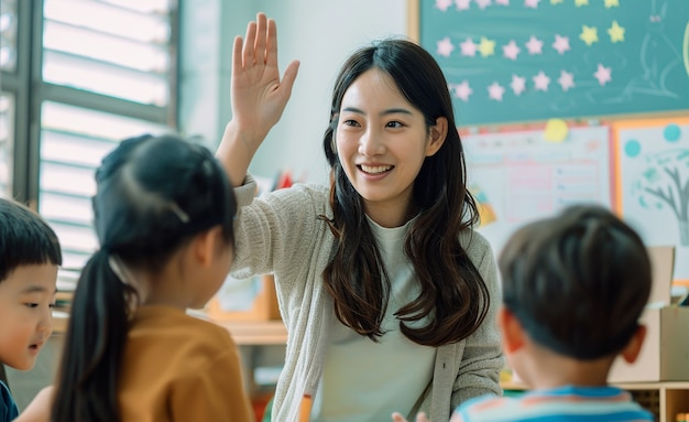 Free Photo smiley teacher in classroom