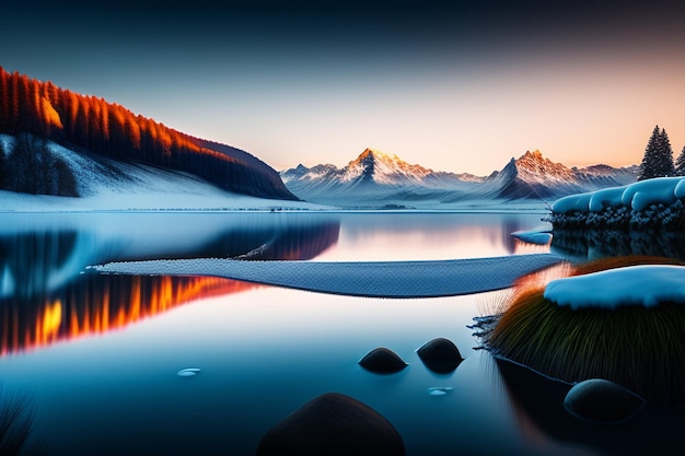 Foto gratuita un paesaggio innevato con montagne e un lago con la neve sul terreno