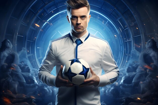 a soccer player in a white suit stand on futuristic blue background