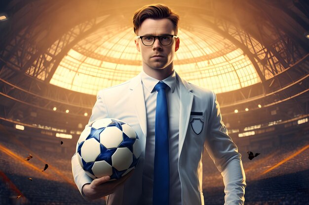 a soccer player in a white suit stand on soccer arena background