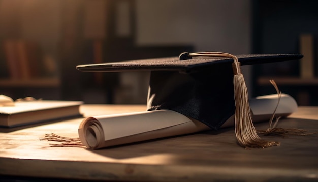 Free photo stack of diplomas on antique bookshelf background generated by ai