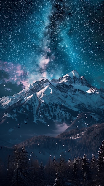 Free photo starry sky at night with landscape of mountains