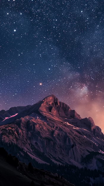 Free photo starry sky at night with landscape of mountains