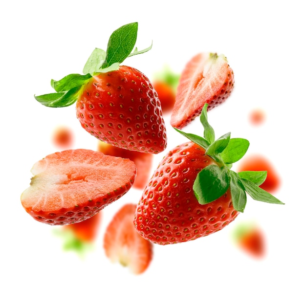 Free photo strawberry berry levitating on a white background