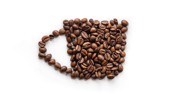 Free photo stylized cup of coffee out of coffee beans flat lay