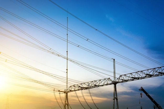 Free Photo substation equipment and dense lines, blue tone map.