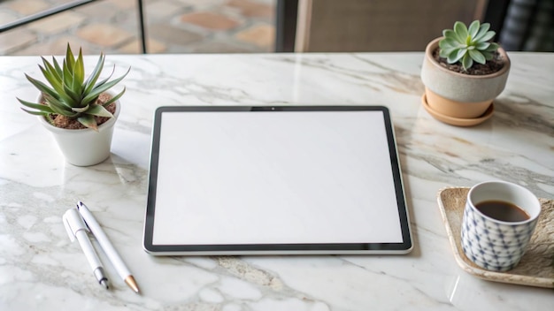 Free Photo tablet pens and coffee on marble table