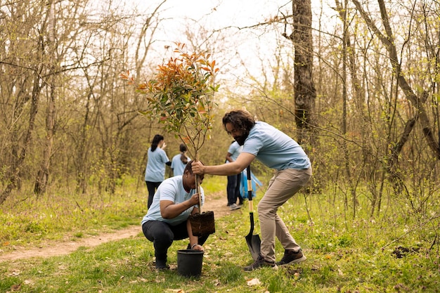 Free photo team of environment volunteers digging holes and planting small trees