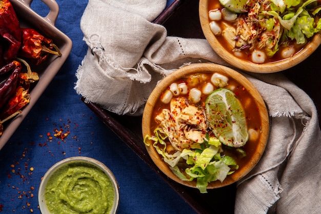 Free photo top view on appetizing pozole bowl