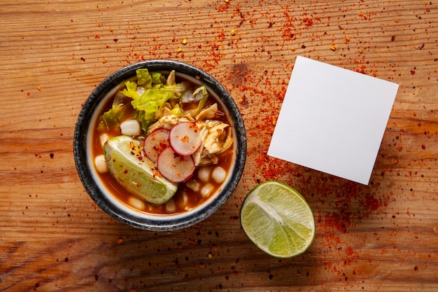 Free photo top view on appetizing pozole bowl