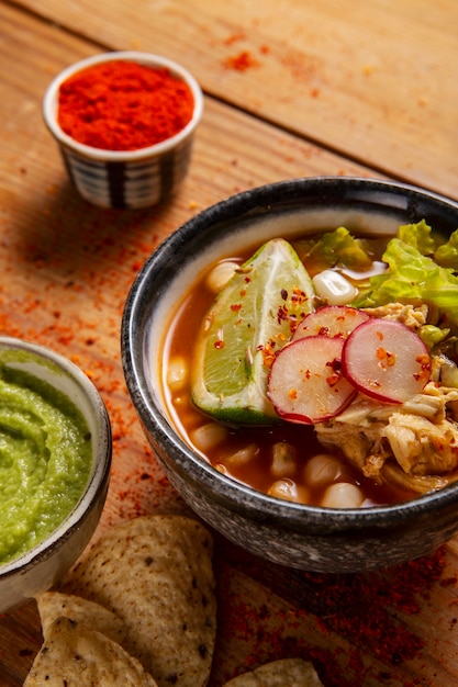 Free photo top view on appetizing pozole bowl