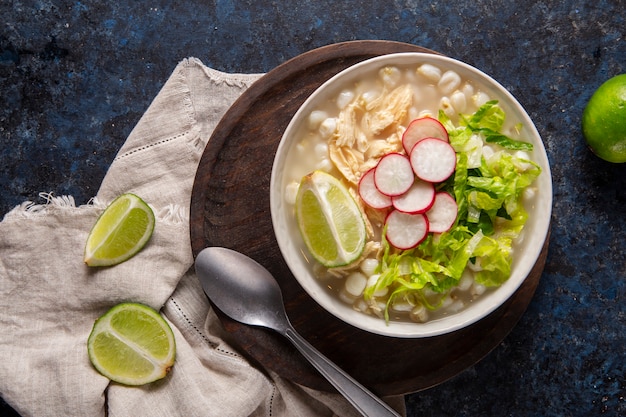 Free photo top view on appetizing pozole bowl