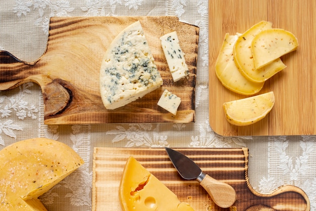 Free photo top view assortment of cheese on a table