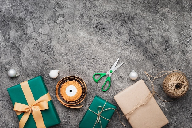 Top view of christmas gift on marble background with copy space