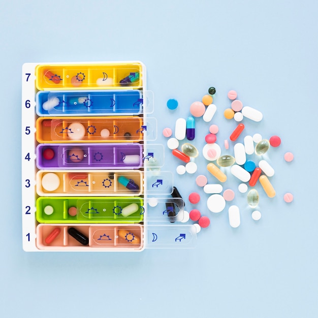 Top view medicine pillboxes on the table