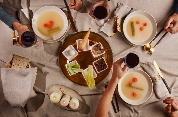 Free Photo top view of people having a feast for the first day of passover seder