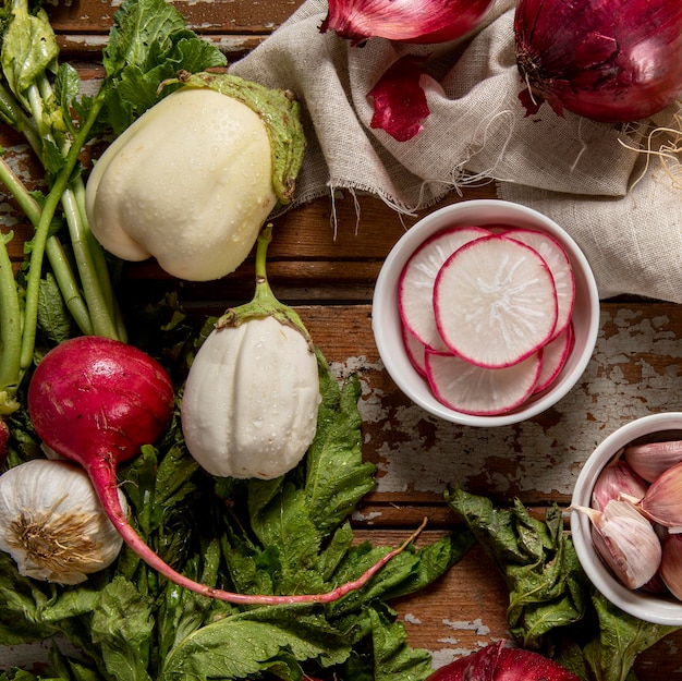 Free photo top view of radishes with onion