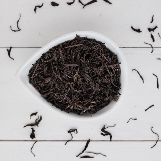 Top view tea leaves inside jar