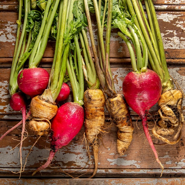 Free photo top view of veggies with radishes