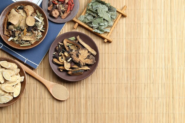 Traditional Chinese medicine on bamboo desk