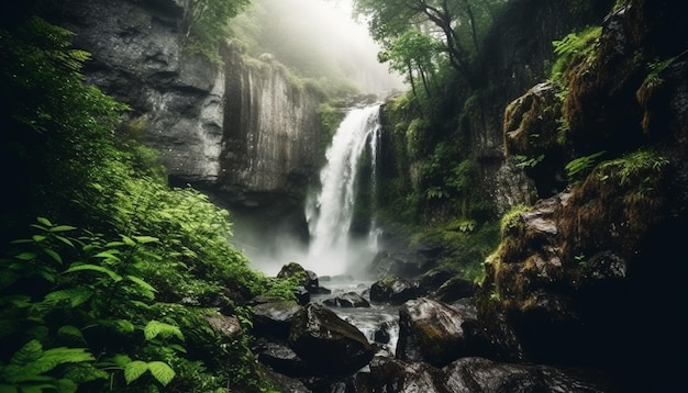 Free photo tranquil scene of majestic waterfall in forest generated by ai