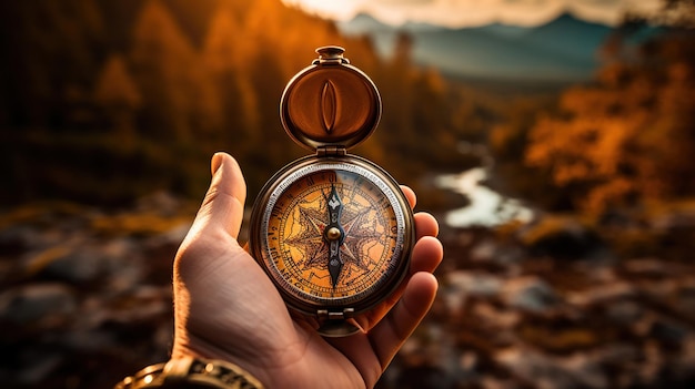 Free photo a traveler's hand with a compass over a scenic view