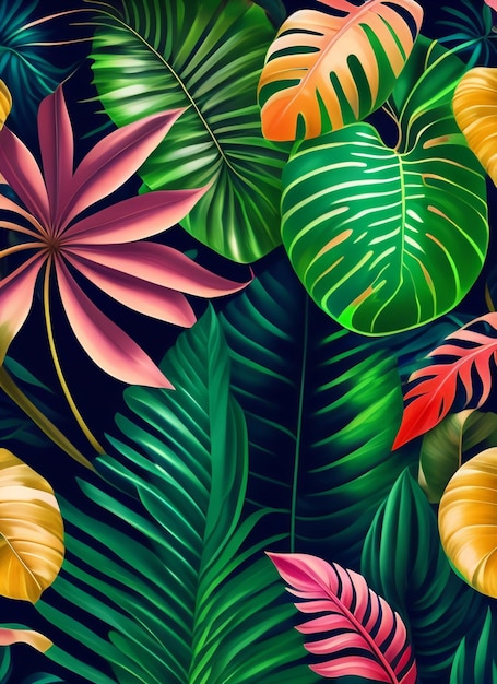 Free photo a tropical pattern with tropical leaves and flowers.