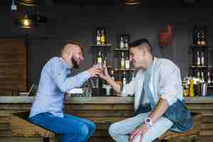 Free photo two male friends sitting at bar counter toasting glasses of drinks