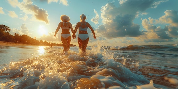 Free photo two women wearing bikinis are joyfully running towards the ocean during sunset