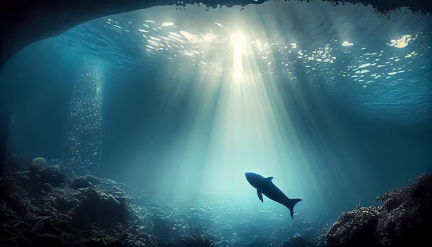 Free photo underwater adventure blue seascape one dolphin silhouette generative ai