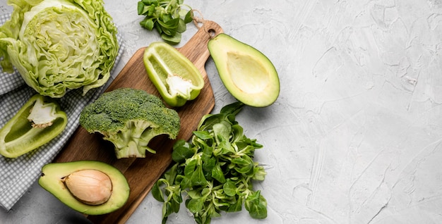 Various green veggies and avocado