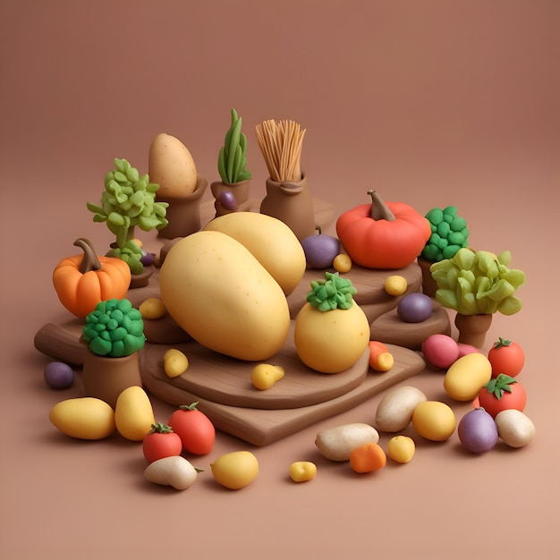 Free photo vegetables and fruits 3d render on brown background with shadow