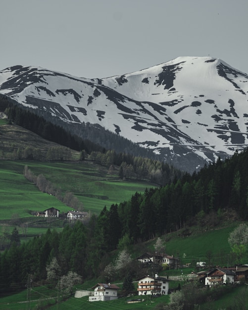 Foto gratuita colpo verticale delle case su una collina con la bella montagna innevata