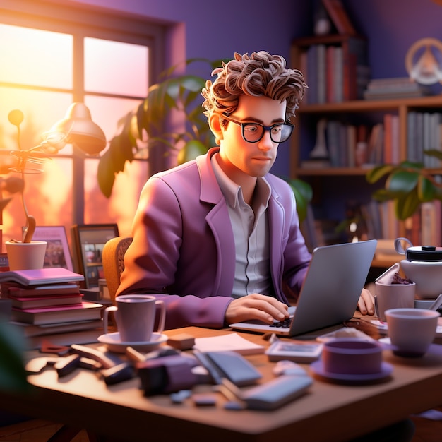 View of 3d businessman working on laptop